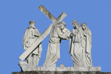 4th Stations of the Cross, Jesus meets His Mother,  pilgrimage Sanctuary, Assumption of the Virgin Mary in Marija Bistrica, Croatia, on June 29, 2009
