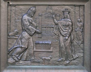 Hırvatistan 'ın Sibenik kentindeki Aziz James Katedrali' nin Aslan Kapısı 'nda İncil' de yer alan bir rahatlamanın yakın çekimi