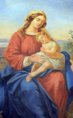 Hırvatistan 'ın Vugrovec kentindeki Aziz Francis Xavier Kilisesi' nde bebek İsa 'nın sunağıyla Kutsal Bakire Meryem.