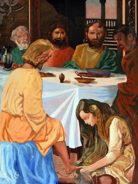 Magdalalı Meryem, Hırvatistan 'ın Kapela kentindeki Aziz Meryem Kilisesi' nin sunağında İsa 'nın ayaklarını yıkıyor.