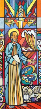 Evangelist Aziz Mark, Hırvatistan 'ın Velika Gorica kentindeki Aziz Peter ve Paul kilisesinin vitraylı penceresinin taslağını çizdi.