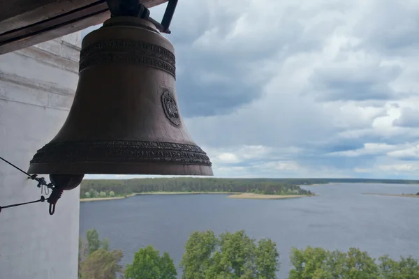 Church bell in the Nilov monastery. View of Lake Seliger. Russia