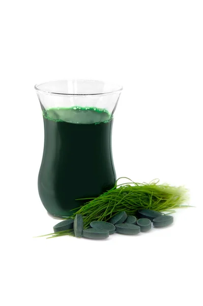 Wheatgrass Shot Healthy Detox Drink Organic Green Wheat Grass Freshly — Fotografia de Stock