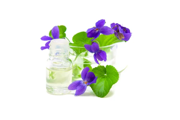 Garrafa Óleo Essencial Flores Violetas Fundo Branco — Fotografia de Stock