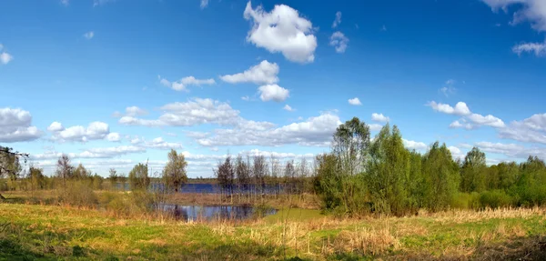 Jarní krajina s řekou a modré nebe — Stock fotografie