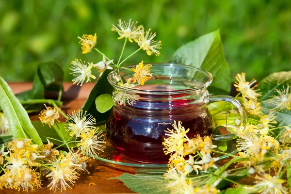 Kopp med linden te och blommor på träbord — Stockfoto