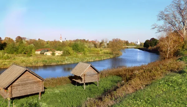 Russian landscape with river Kamenka,  and Churc — Φωτογραφία Αρχείου