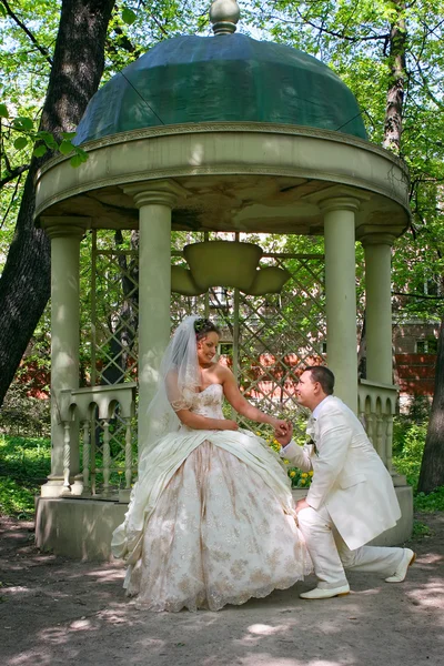 Wedding.Happy couple near an arbor in park — Stock Photo, Image
