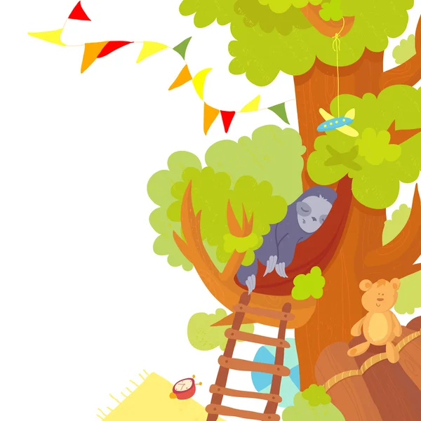 Spícího lenochoda roztomilé dítě v domě na stromě. Plochá vektorové ilustrace — Stockový vektor