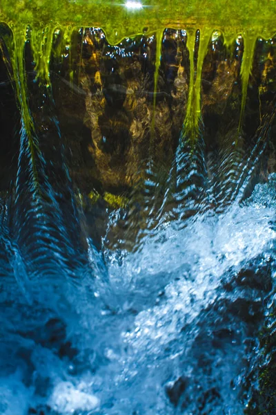 夏天用海藻和泡沫形成的清澈的小瀑布 — 图库照片