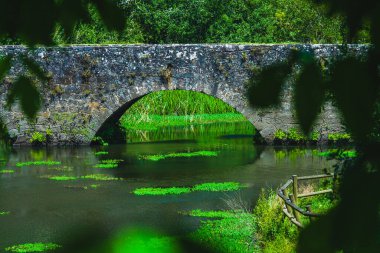 Yazın Portekiz 'deki göl boyunca antik ortaçağ taş köprüsü