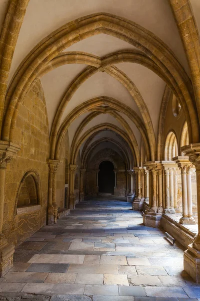 Güneşli, kemerli, karmaşık tavan ve sütunlarla dolu bir taş koridor tarihi bir dini binanın gölgeli derinliklerine açılıyor..