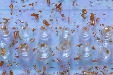 Şeffaf bir tahta üzerinde yarı saydam satranç taşlarının (şeffaf akrilik) yakın plan görüntüsü, serin mavi ışık altında altın yaprak parçaları ile dağılmış; görünür harf işaretleri (C, D, E, F, G) bir satranç tahtası ızgarasını işaret eder.