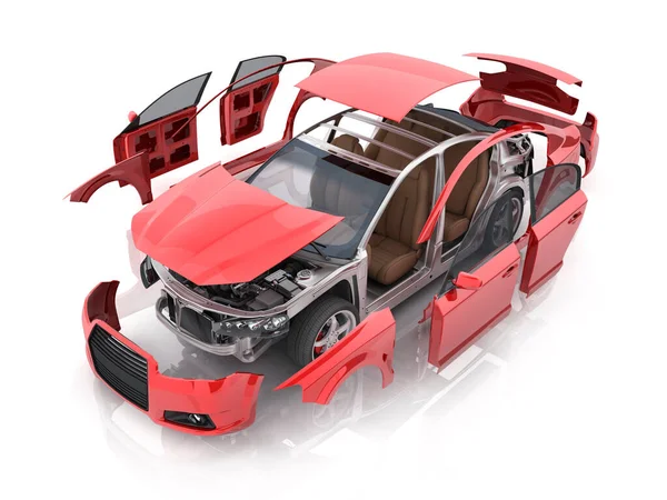 白い背景に赤いボディ車とインテリアパーツ 3Dイラスト ロイヤリティフリーのストック画像