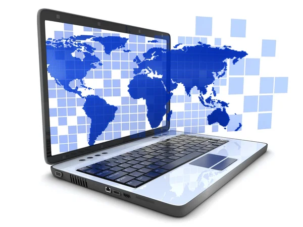 Laptop e cubo de mapa azul — Fotografia de Stock