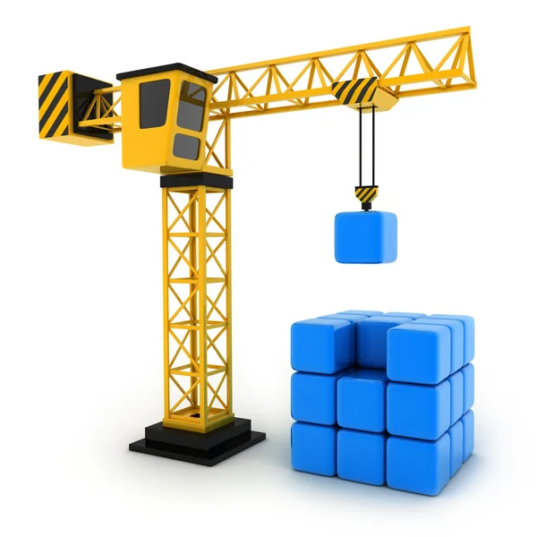 Tower crane and abstract cube — Stock Photo, Image