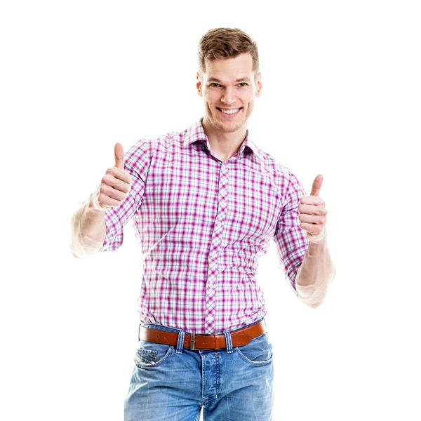 Stijlvolle jonge man tonen beide duimen omhoog — Stockfoto
