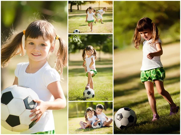 Маленькая девочка играет со своим братом в футбол, коллаж — стоковое фото