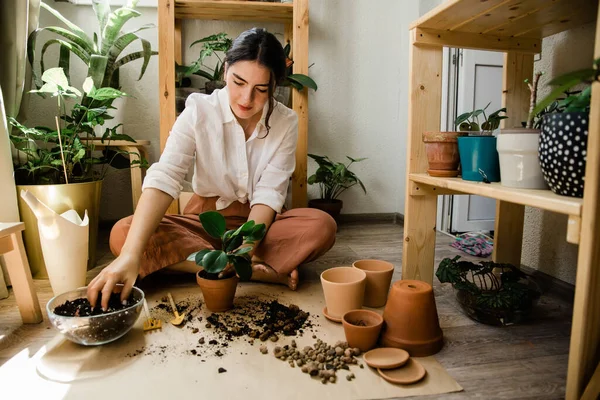 Kvinna Återplantera Växt — Stockfoto