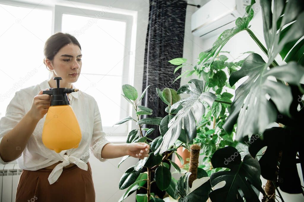 woman spraying plants at home.