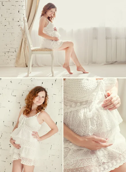 Portrait of a pregnant woman and belly closeup, collage — Stock Photo, Image