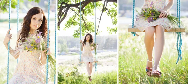 Giovane donna sta oscillando su un'altalena nella foresta estiva. Collage — Foto Stock