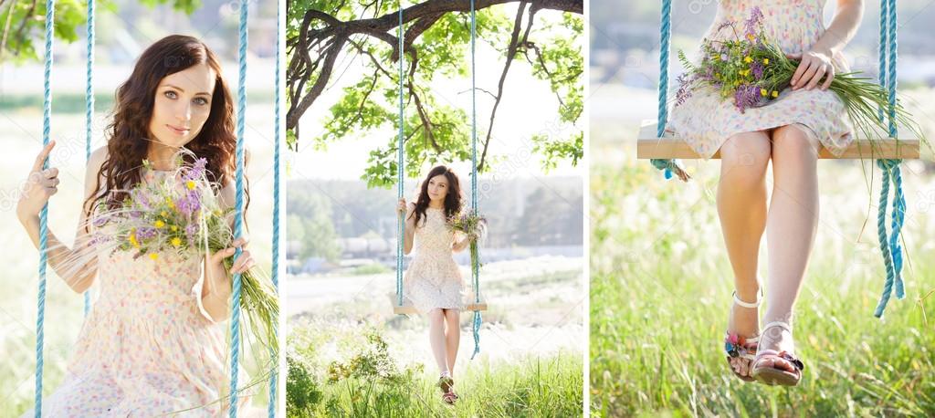 Young woman is swinging on a swing in summer forest. Collage