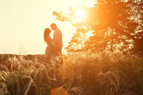 Liebespaar küsst sich bei Sonnenuntergang — Stockfoto