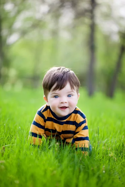 Pequeno menino rastejando em um gramado verde — Fotografia de Stock