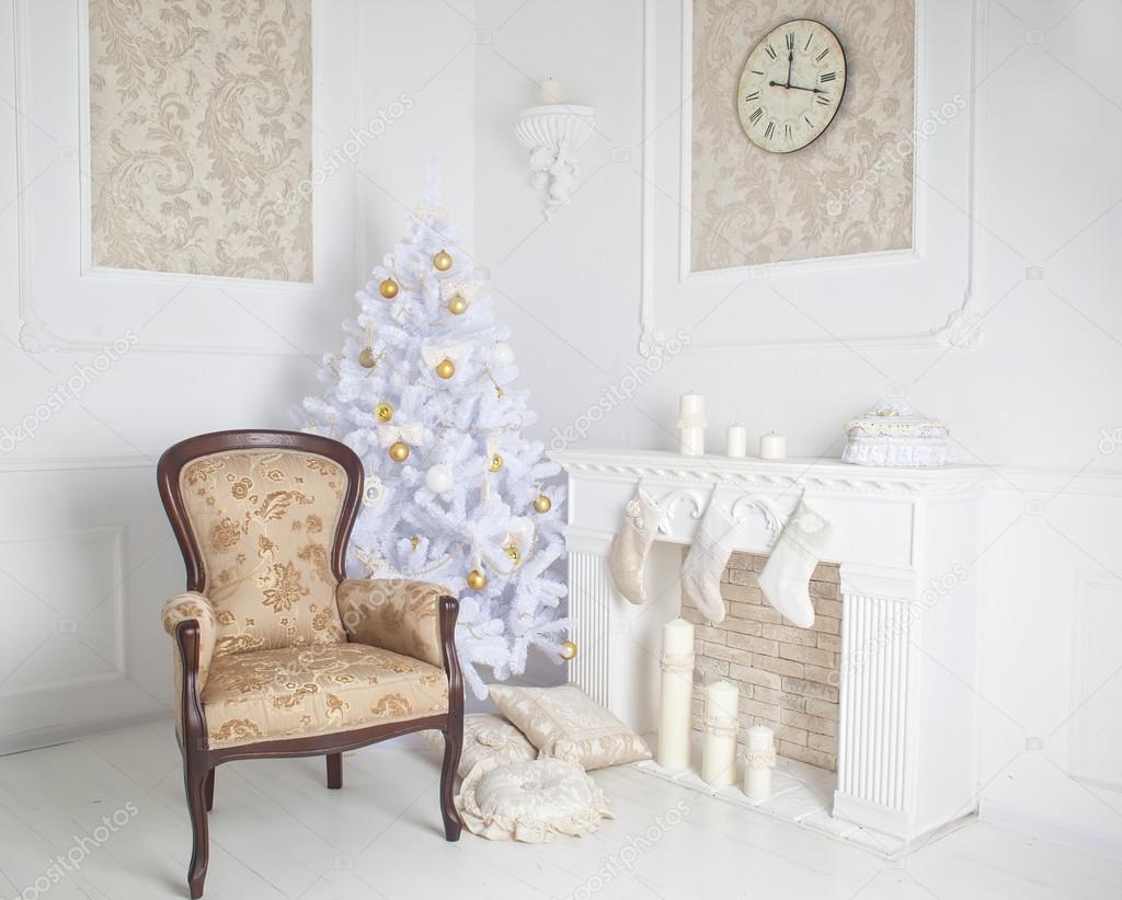 modern style interior of fireplace with christmas tree and presents in white