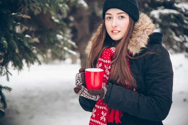 Mädchen trinkt heißen Tee im Winterwald — Stockfoto