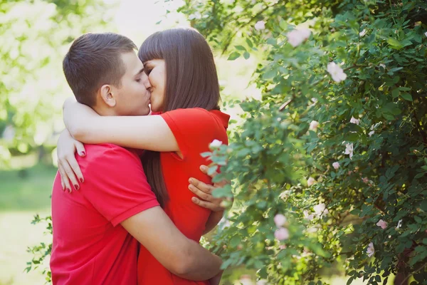 Happy couple kissing in nature — Stock Photo, Image