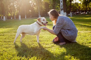 Güzel kadın köpeğiyle oynuyor.