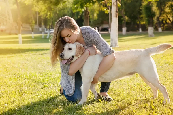 Uma mulher bonita com o seu cão. Labrador retriever — Fotografia de Stock