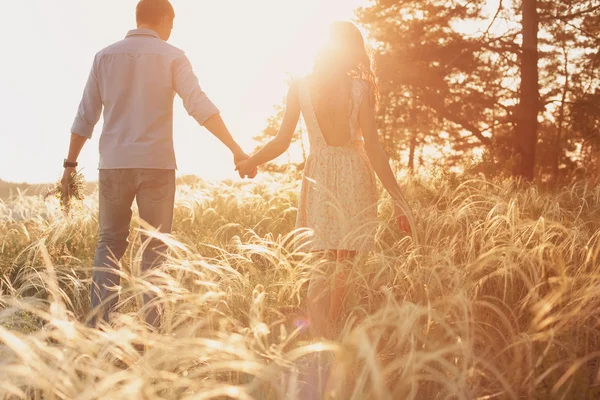 Amantes andando em um campo ao pôr do sol de mãos dadas — Fotografia de Stock