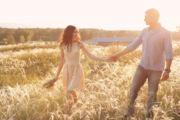 Szerelmesek séta mező kézenfogva naplementekor Stock Kép
