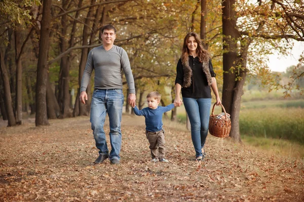 秋の森の中で手をつないで歩いて母、父と幼い息子 — ストック写真