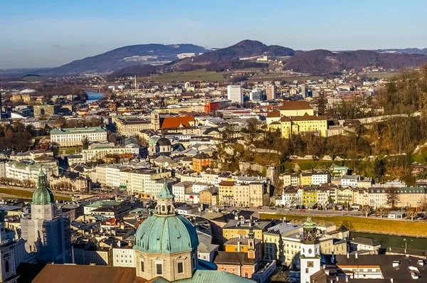 Top view on Salzburg city from Hohensalzburg fortress at winter — Stock Photo, Image