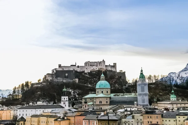 Top view on Salzburg city and Hohensalzburg fortress at winter, — Stock Photo, Image