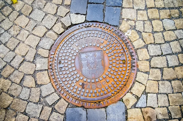 Hatch of sewage on the paving road — Stock Photo, Image