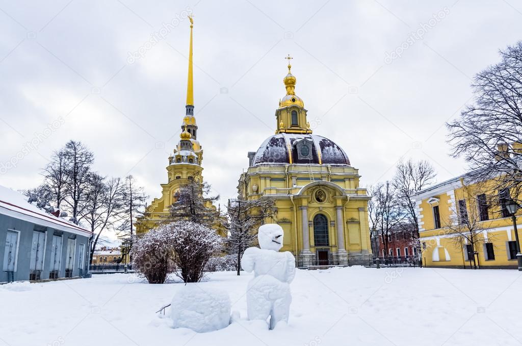 View on snowman in Peter and Paul Fortress in Saint-Petersburg