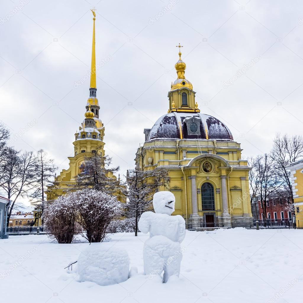 View on snowman in Peter and Paul Fortress in Saint-Petersburg