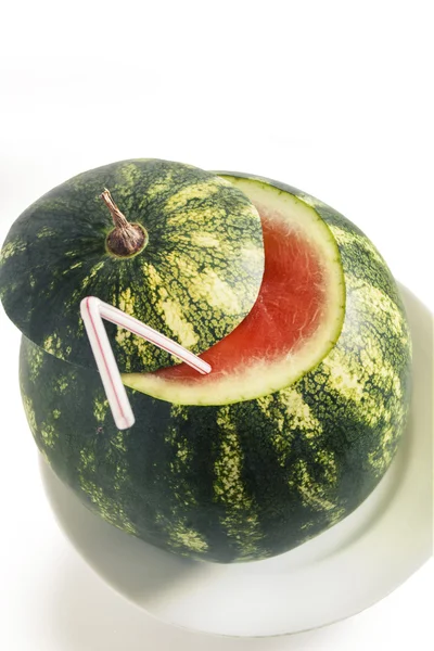 Friss zöld görögdinnye koktél szalma és mentalevél elszigetelt fehér background — Stock Fotó