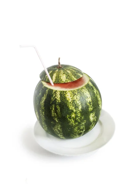Fresh green watermelon with cocktail straw and mint leaves isolated on white background — Stock Photo, Image