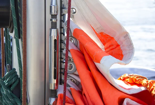 Nautical part of a yacht with cords, rigging, sail, mast, anchor, knots — Stock Photo, Image