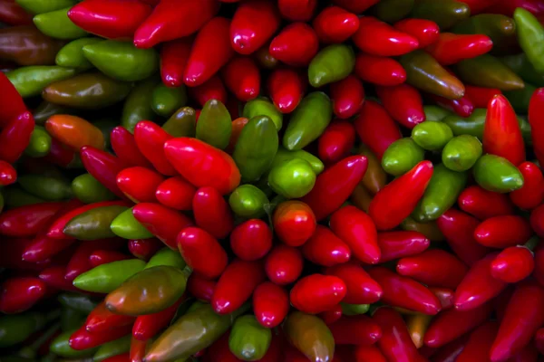 Bunch of red hot chili pepper peperonchino on a market stall — Stock Photo, Image