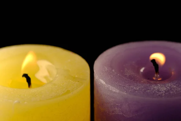 Two Thick Commemorative White Lilac Candles Burning Black Background Close — Stock Photo, Image