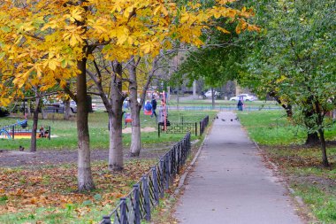 Kentsel sonbahar manzarası. Konut binalarının önündeki parkta sararan ve düşen yapraklar.