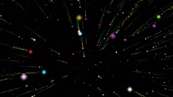 喜庆的未来主义视频屏保计算机使颤抖的五彩斑斓的星星在黑色的空间中的某一点飞向远方 留下了一条发光的尾巴 — 图库视频影像