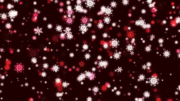 お正月ビデオスクリーンセーバーコンピュータは クリップが赤と白の色で作られている空間で象徴的な雪の結晶をレンダリングします — ストック動画